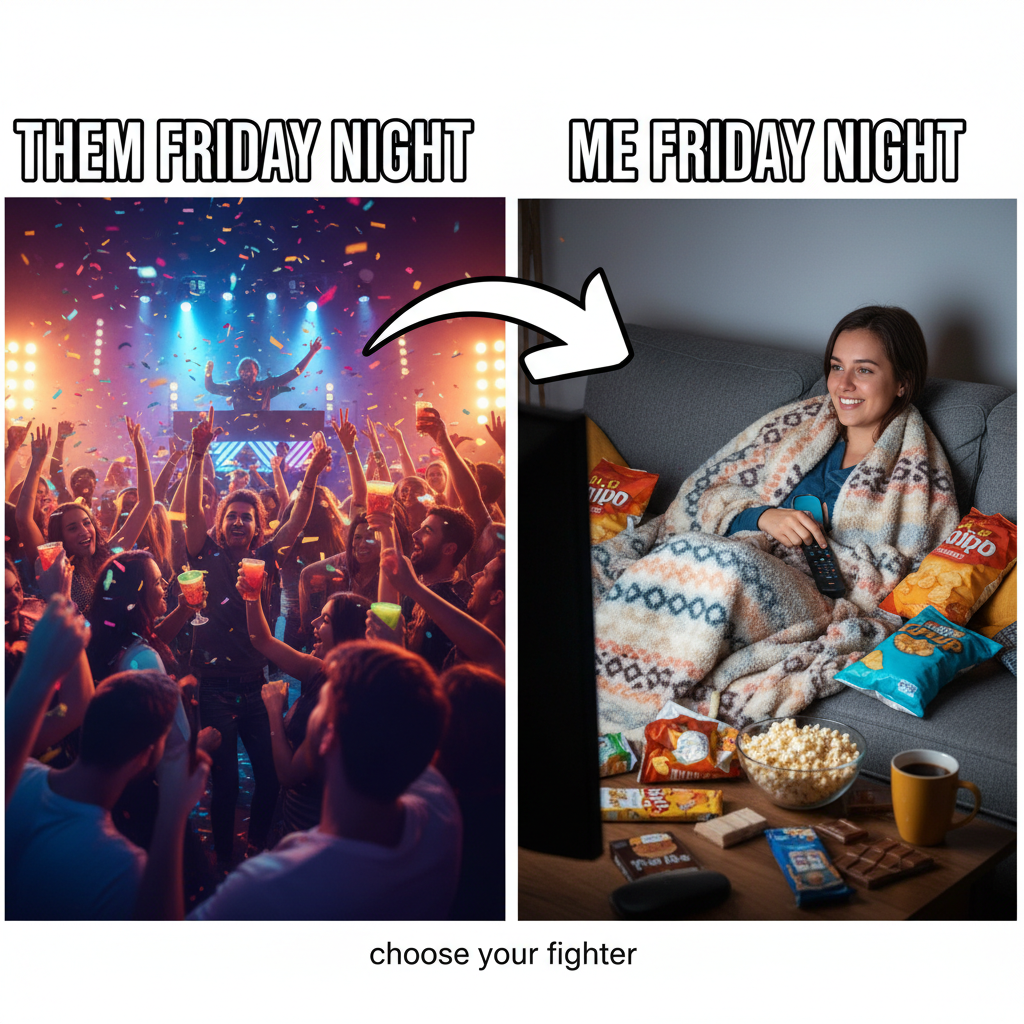 Friday night plans: wild party. Reality: wild party of one, with snacks and Netflix.