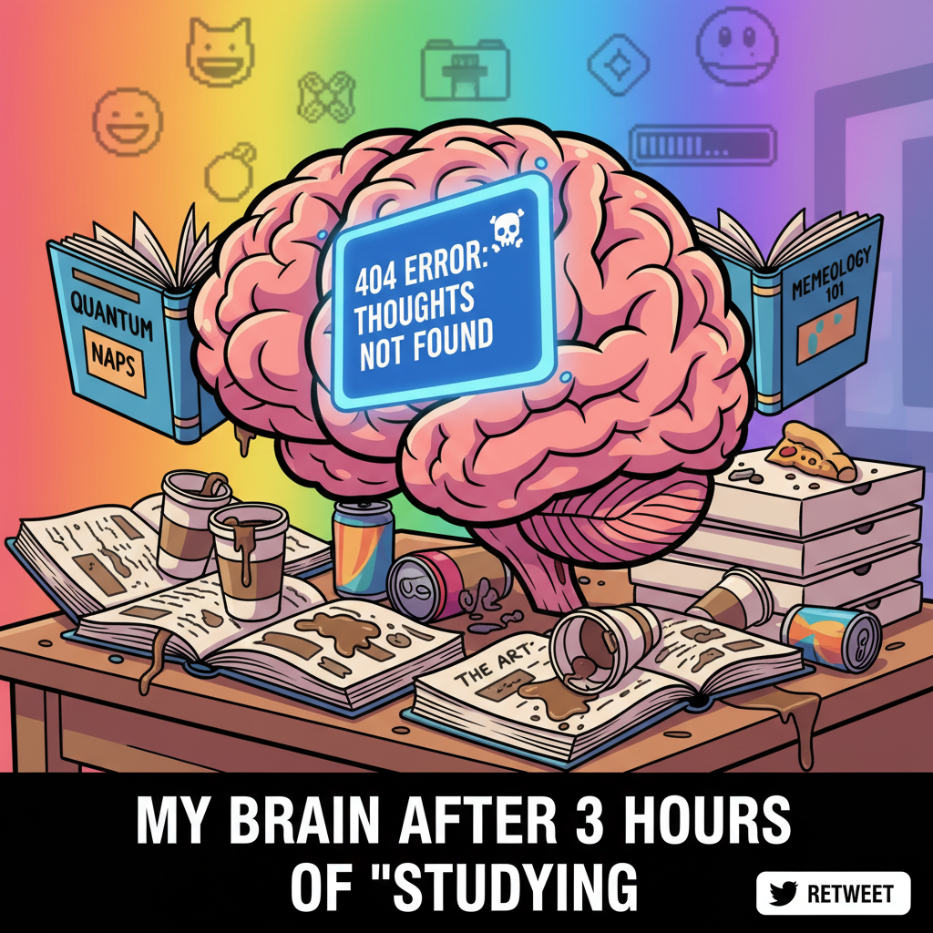 My brain during exam season: 'Error 404: Information Not Found.' Send coffee.