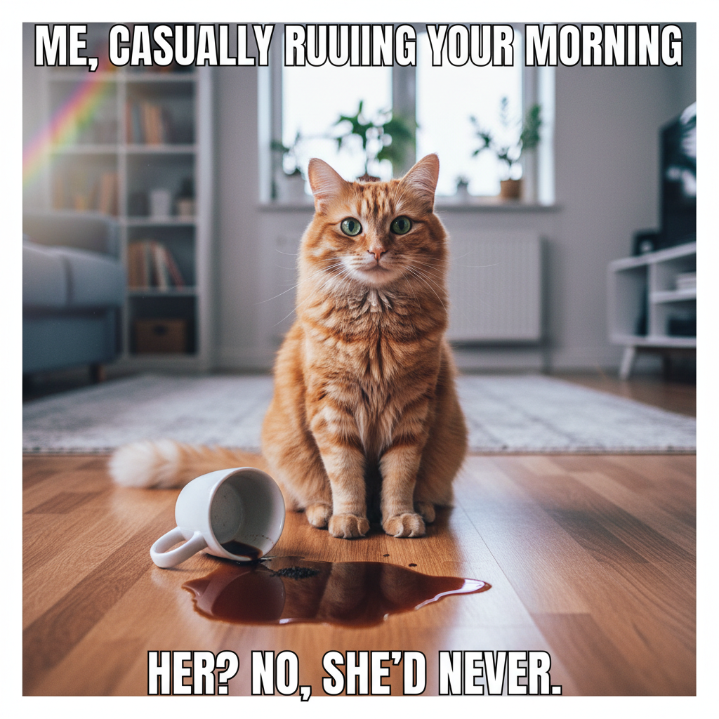 My cat just knocked my coffee off the table then looked at me like *I* was the problem. The AUDACITY.