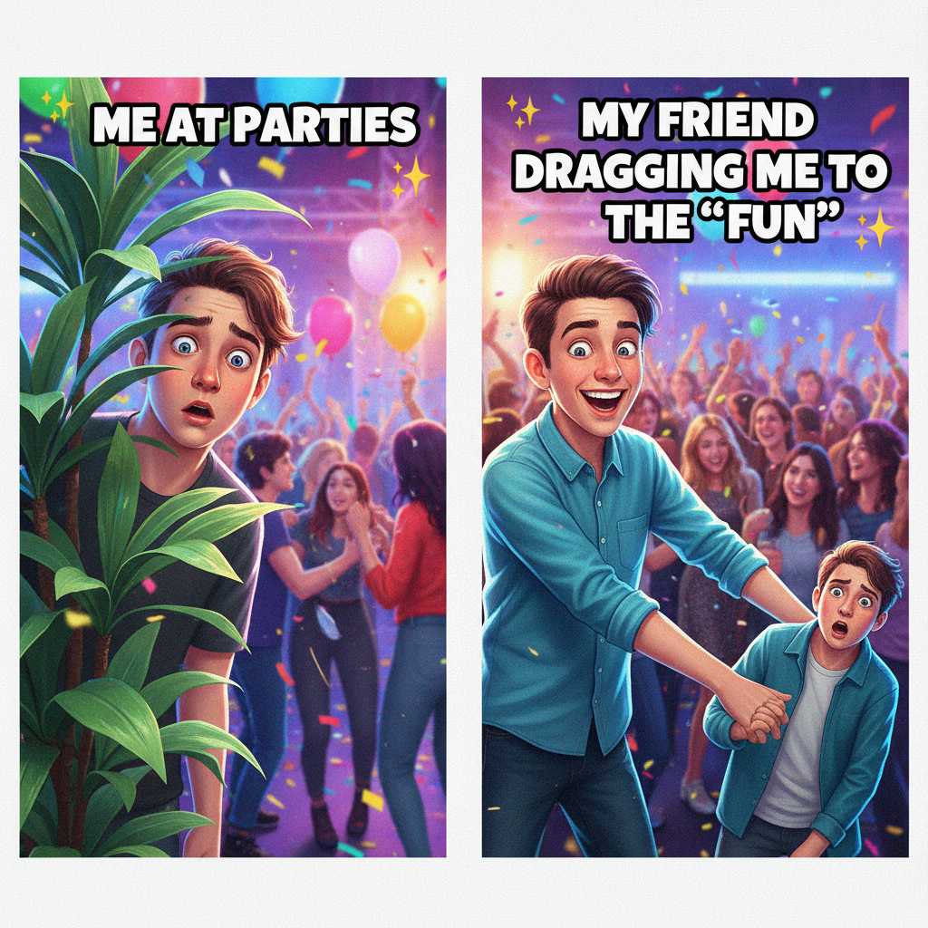 Me, an introvert, at a party: 'I need to recharge.' My extrovert friend: 'Let's find more people!'