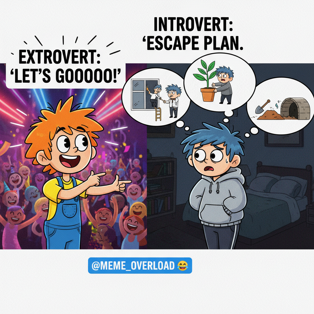 Extrovert: 'Let's go to that huge party!' Introvert: *already planning escape routes*