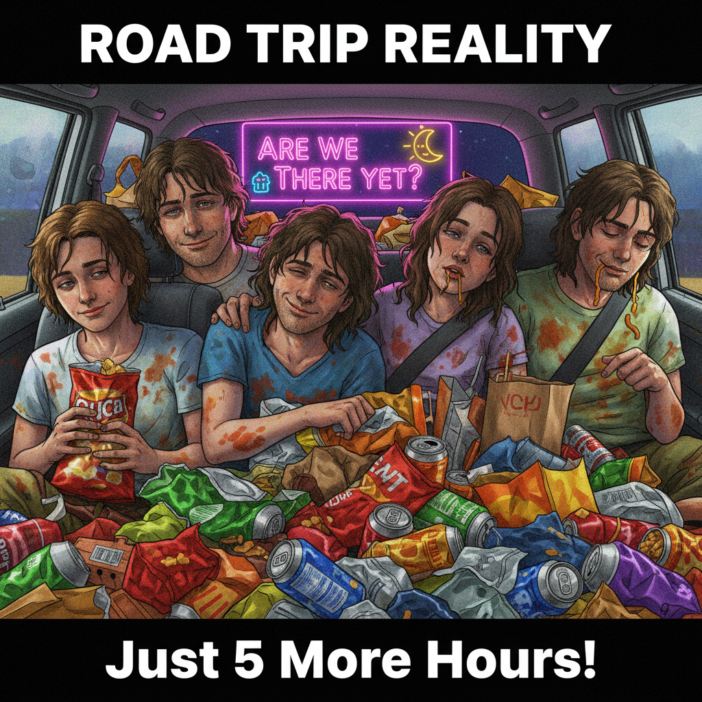 Road trip: 10% scenic views, 90% 'Are we there yet?' and questionable gas station snacks.