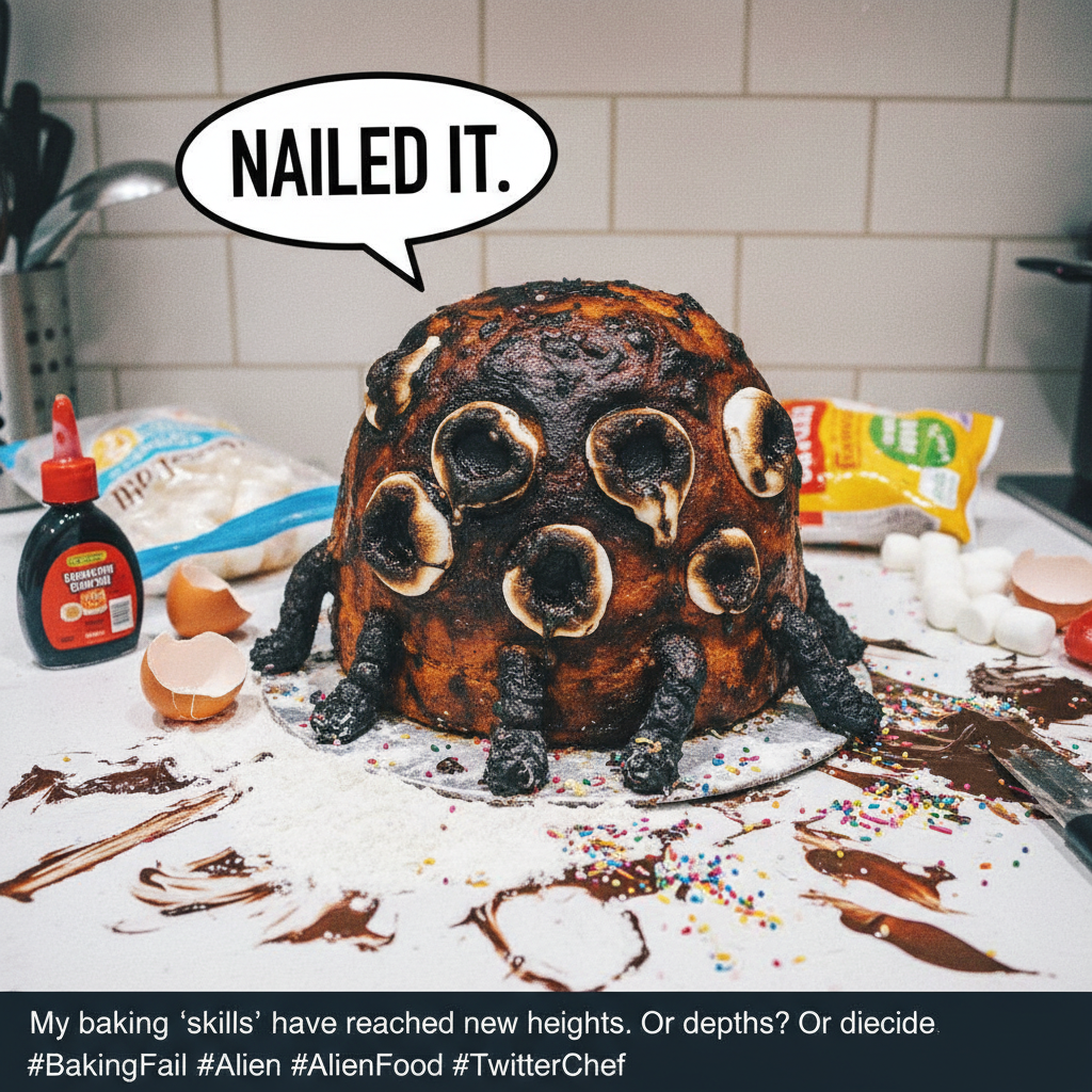 I tried to make a cake. It looks like an alien landed in my kitchen.