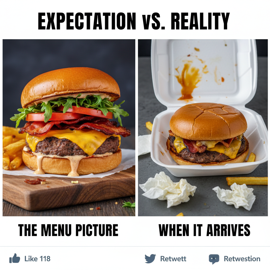 Ordered a gourmet burger. Got something that looks like it lost a fight with a truck.