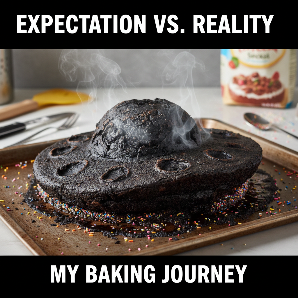 Attempted to bake a cake. Now it looks like a deflated alien spaceship. Send help (and pizza).