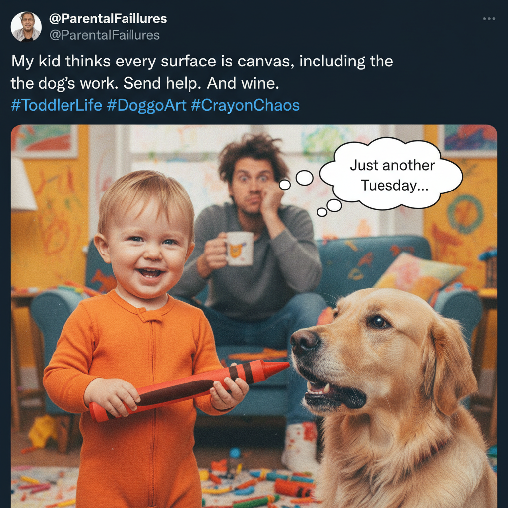 Just found my toddler trying to 'feed' the dog a crayon. Send help (and wipes).