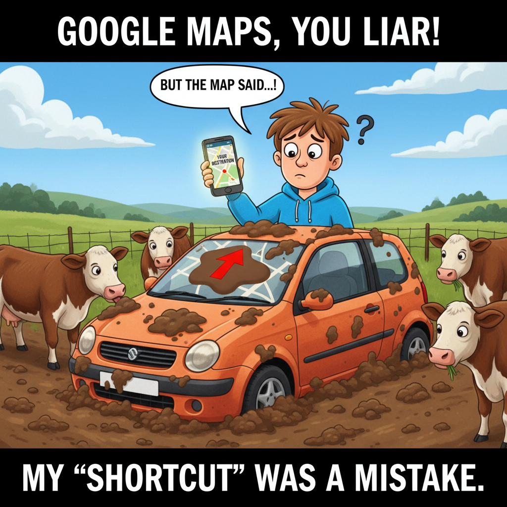 GPS said 'turn left in 500 feet.' We're now in a cow pasture. Thanks, Siri.