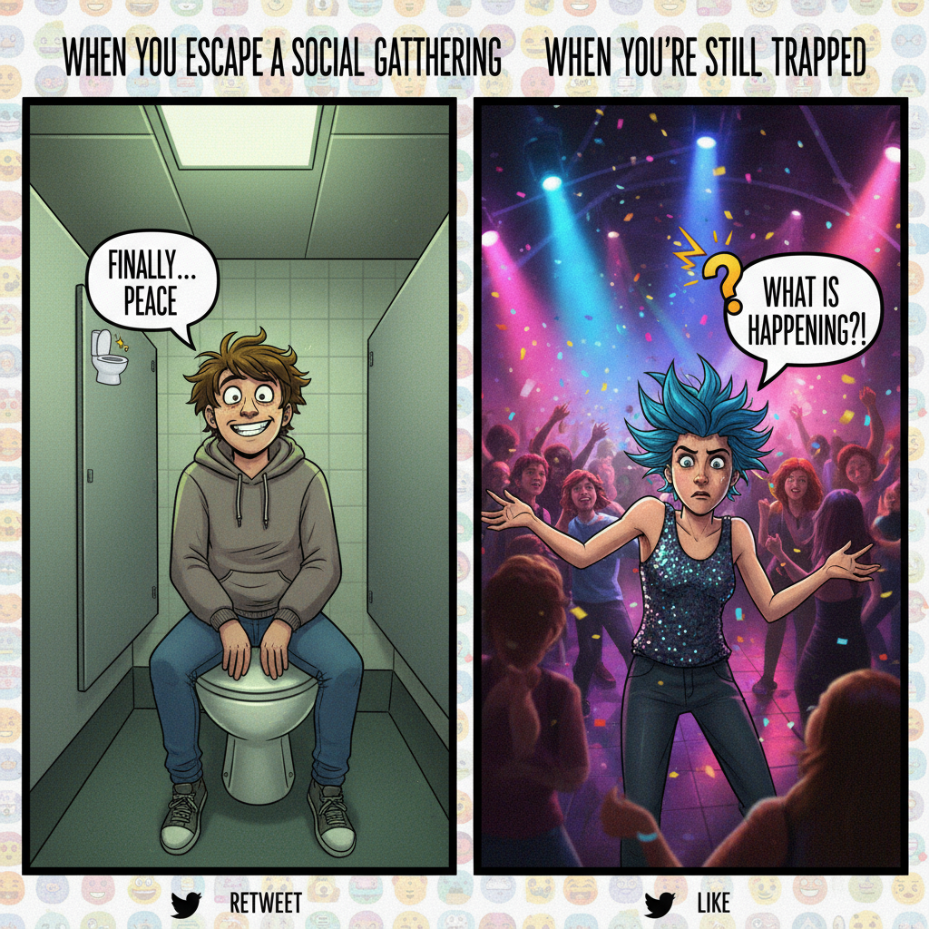 Introvert at a party: 'I just need 5 mins alone in the bathroom.' Extrovert: 'Why aren't you dancing?!'