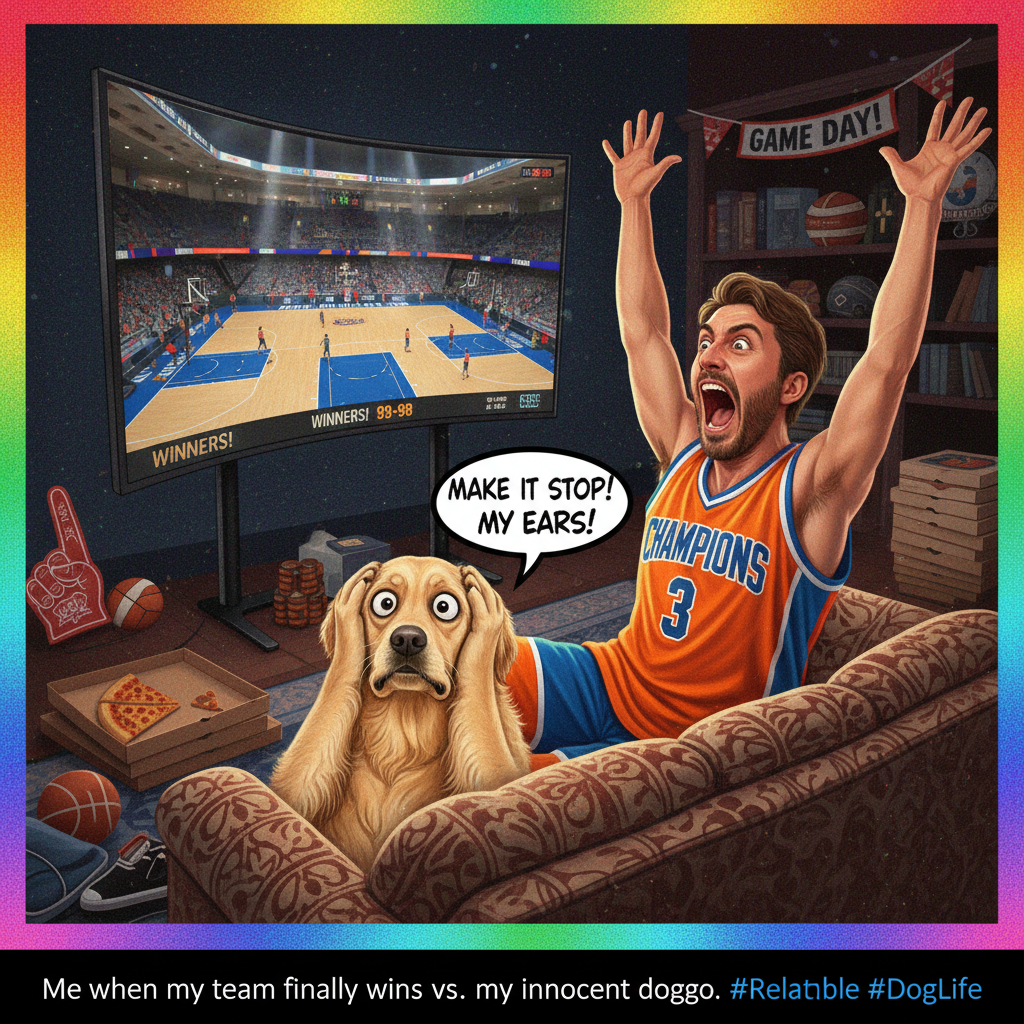 My team won. My neighbor's dog heard about it before he did. #SportsFan