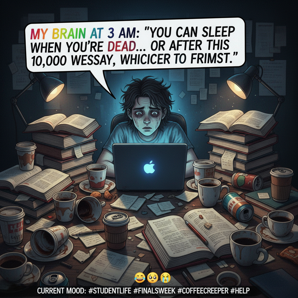 Exam season: My brain is 90% caffeine, 10% panic, 0% actual knowledge.