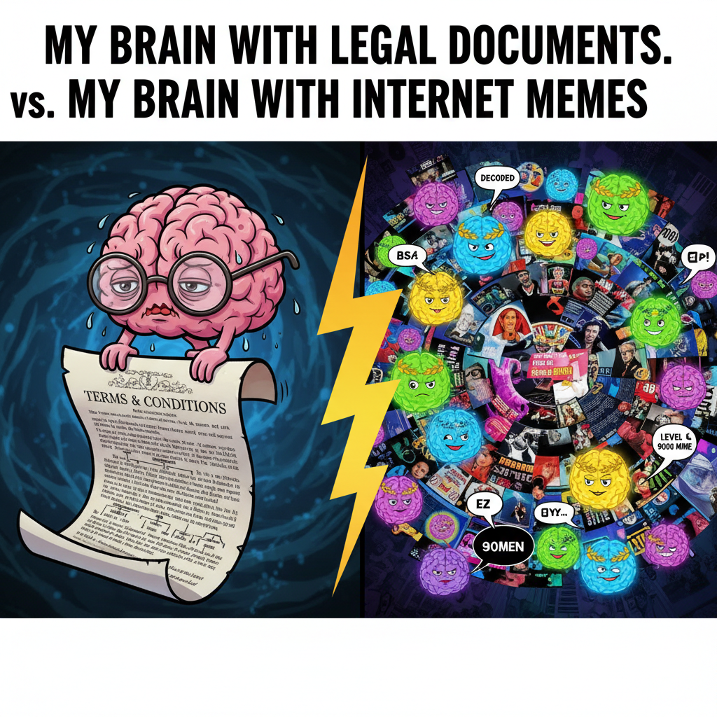 My brain cells trying to understand the terms and conditions vs. a meme with 3 layers of irony