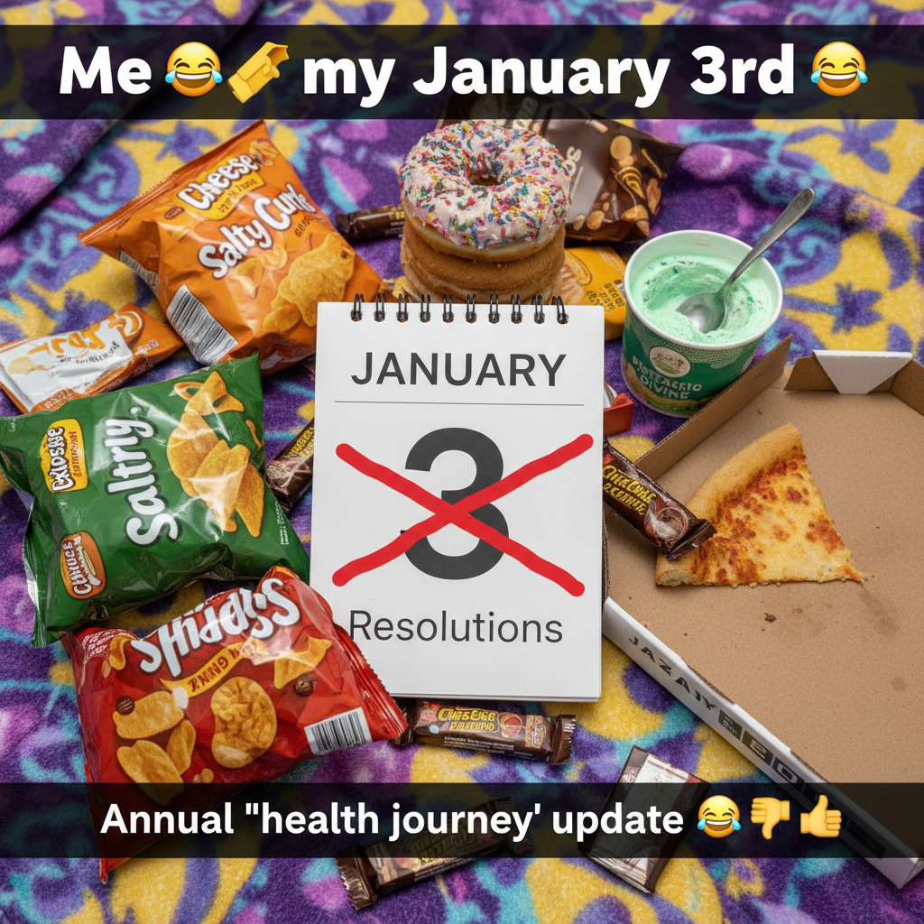 My New Year's resolutions lasted 3 days. Send snacks, not judgment.