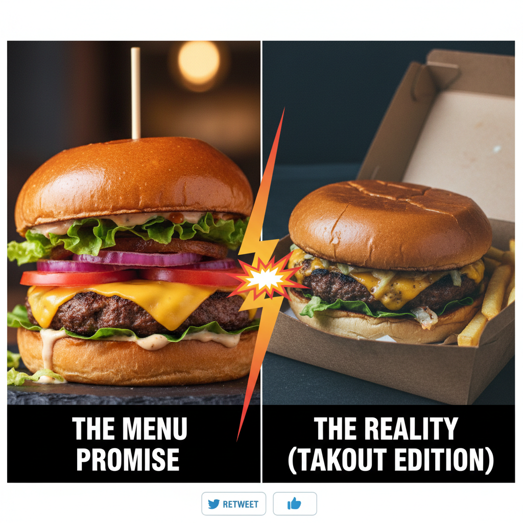 Ordered a gourmet burger, got a sad patty. Food delivery expectations vs. reality is brutal.