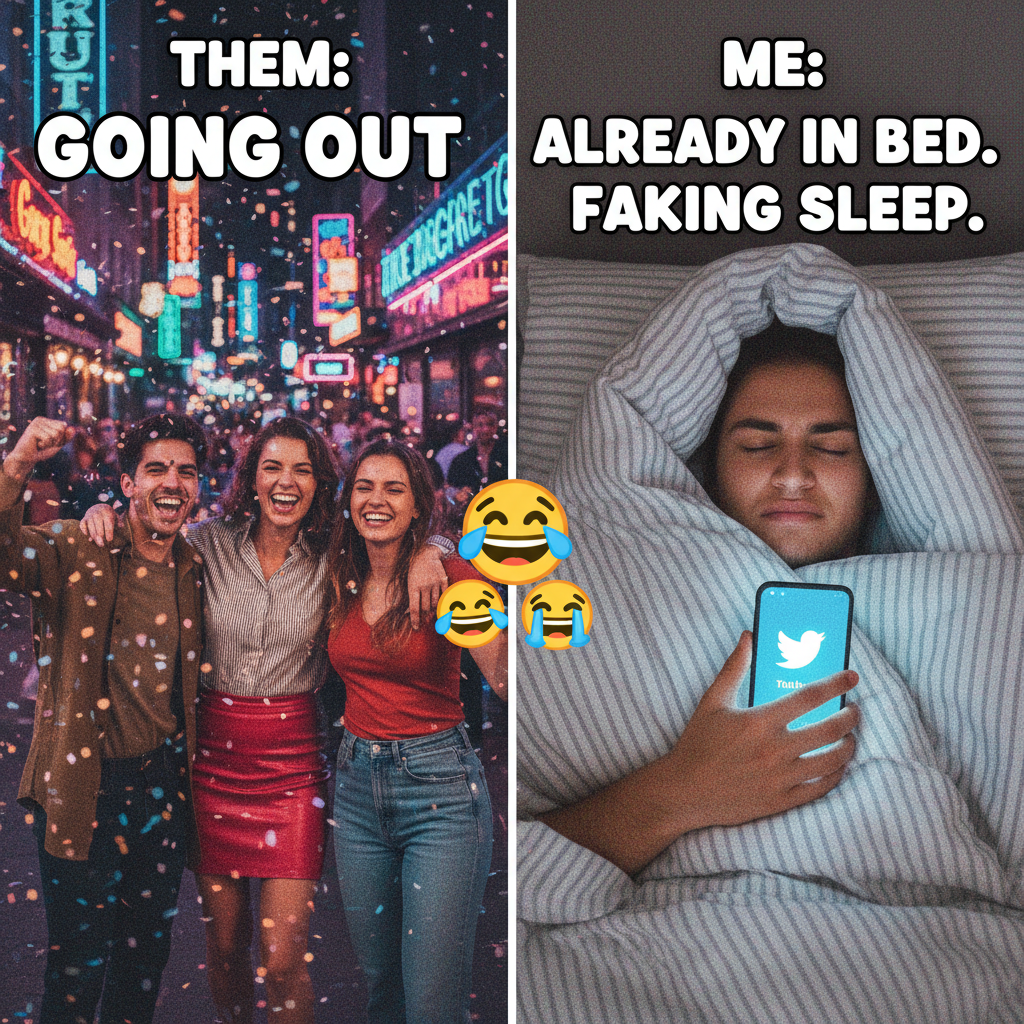 Extrovert: 'Let's go out!' Introvert: *already in bed by 8 PM, pretending to be asleep*