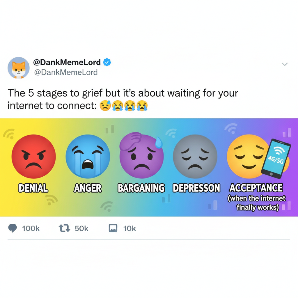 The 5 stages of grief when the WiFi goes down: Denial, Anger, Bargaining, Depression, Data Plan.