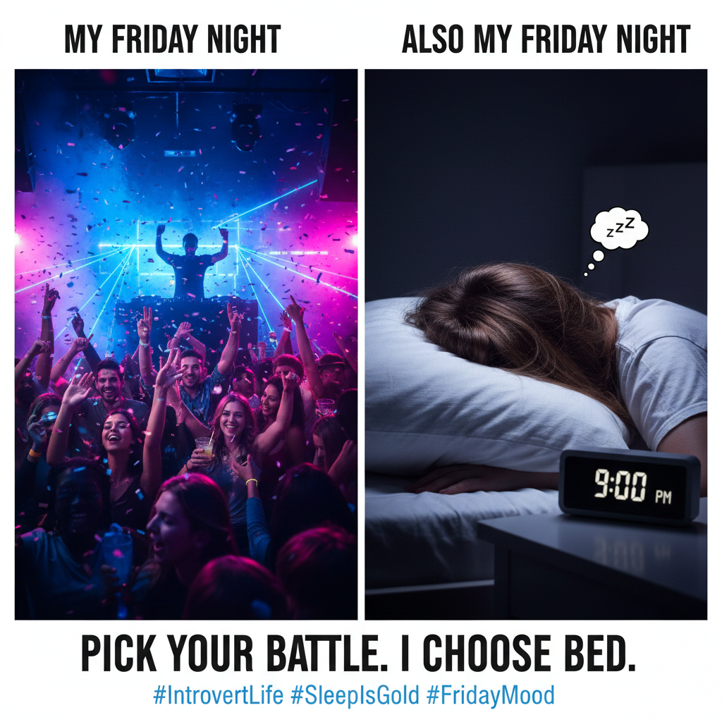 Friday night plans: Clubbing! Reality: Clubbing my pillow with my face at 9 PM.