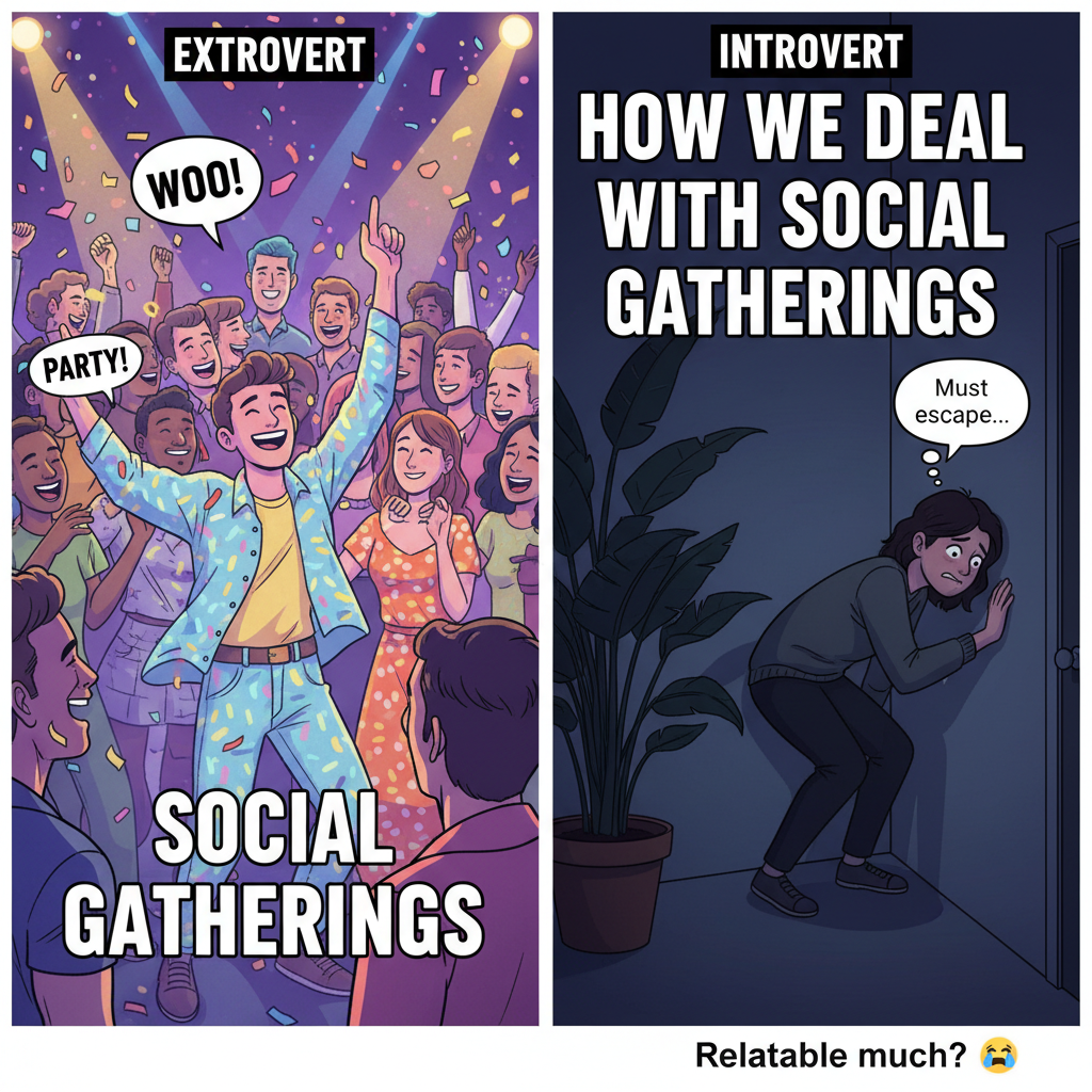 Introvert at a party vs. Extrovert at a party. One is thriving, the other is planning their escape.