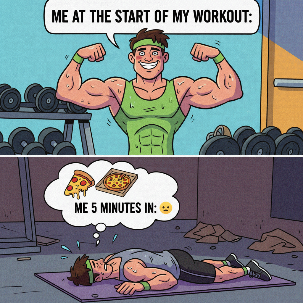 Me at the gym: 'I am a fitness god!' Me after 5 mins: 'Where's the nearest pizza place?'