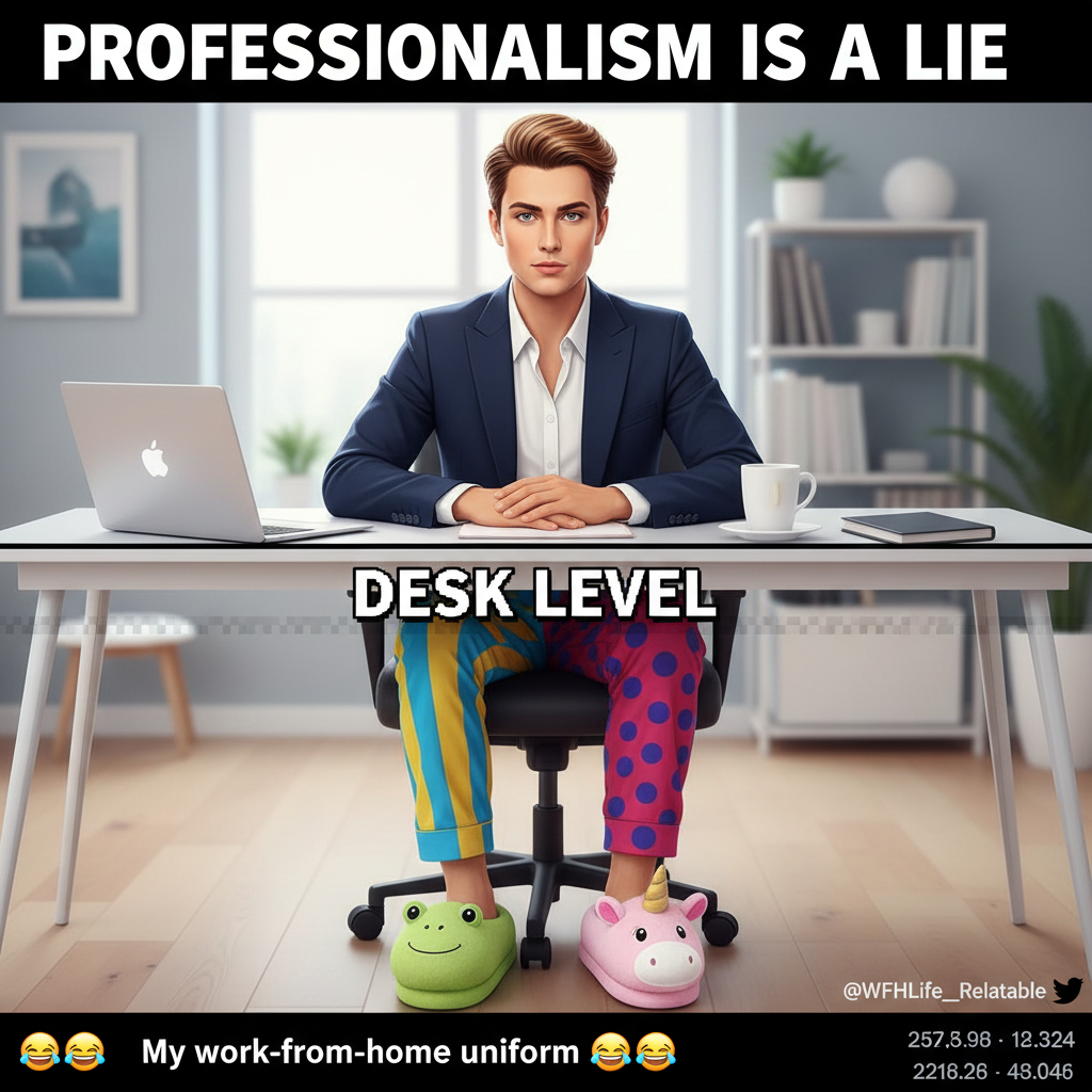 My work-from-home uniform is 50% professional top, 50% questionable pajama bottoms.