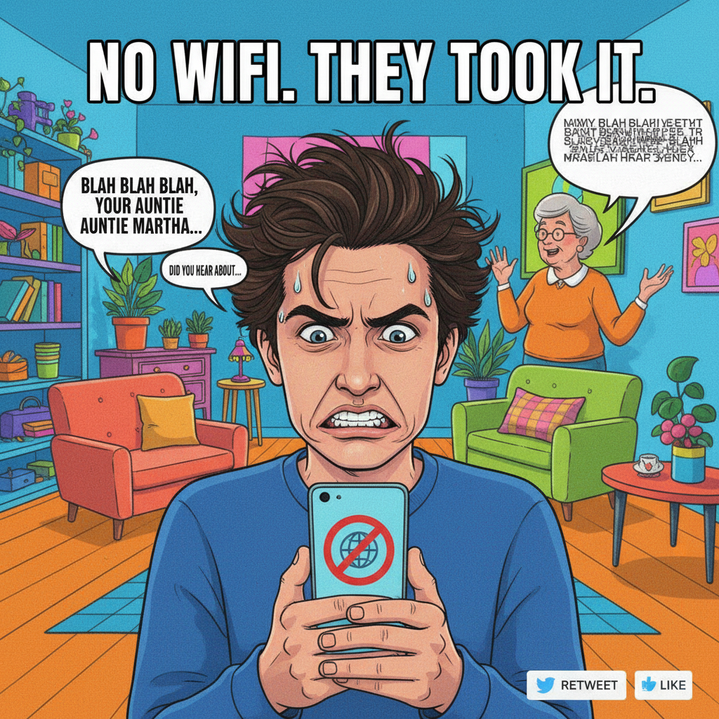 The wifi went down. I'm now forced to interact with my family. Send help.