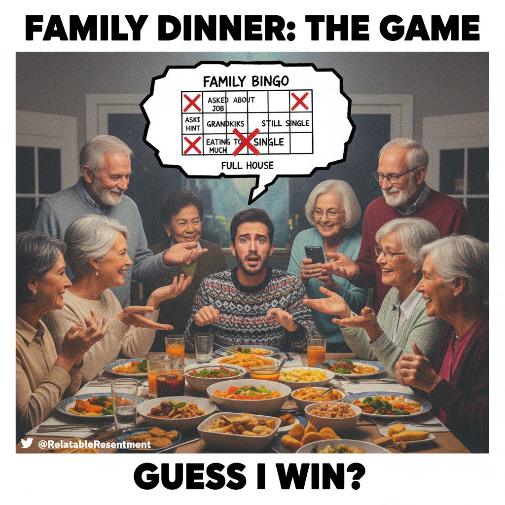 Aunt Carol just asked if I'm 'still single' for the 5th time. Holiday bingo card is complete! #FamilyDrama