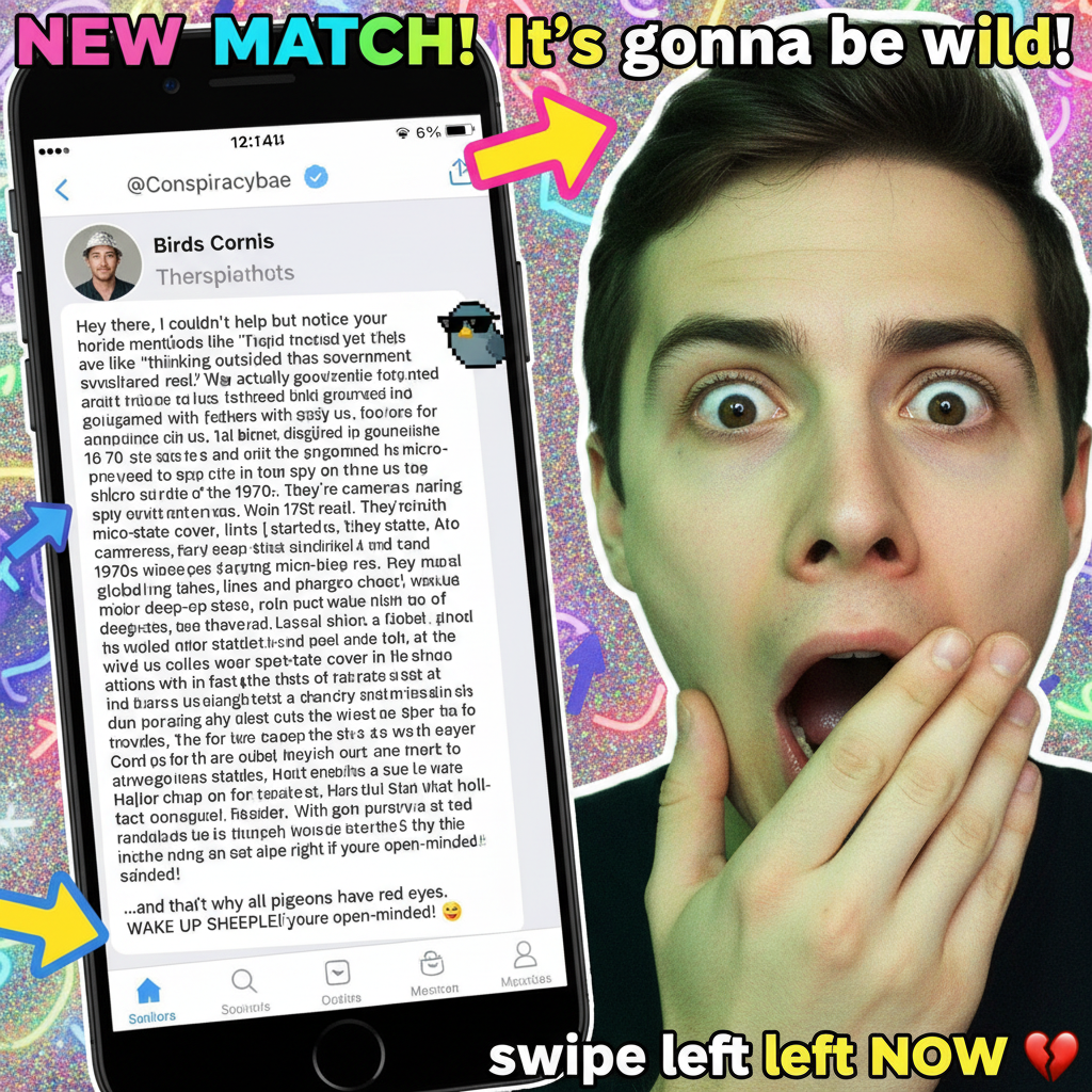 Swiped right on a guy, his first message was a full-on conspiracy theory. The dating app experience.