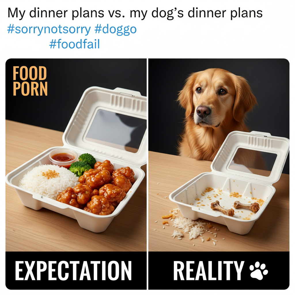 Food delivery expectation: Gourmet feast. Reality: My dog ate half the fries.