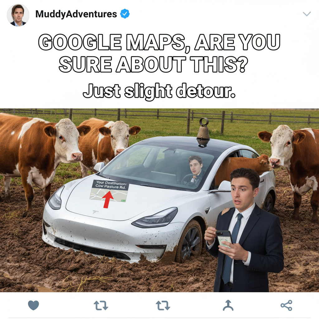 GPS said 'turn left'. I turned left. Now I'm in a cow pasture. Thanks, Siri.