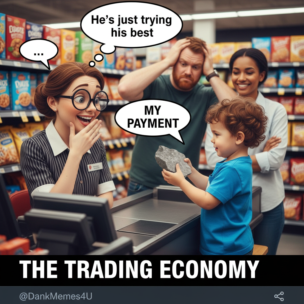 My toddler just tried to pay for groceries with a rock. Peak parenting achieved.