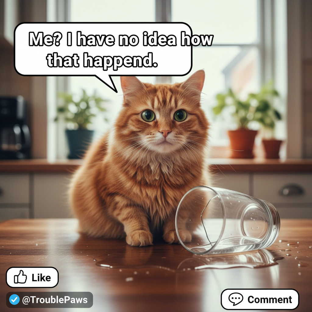 My cat just knocked over my entire glass of water. Then looked at me like *I* was the problem.