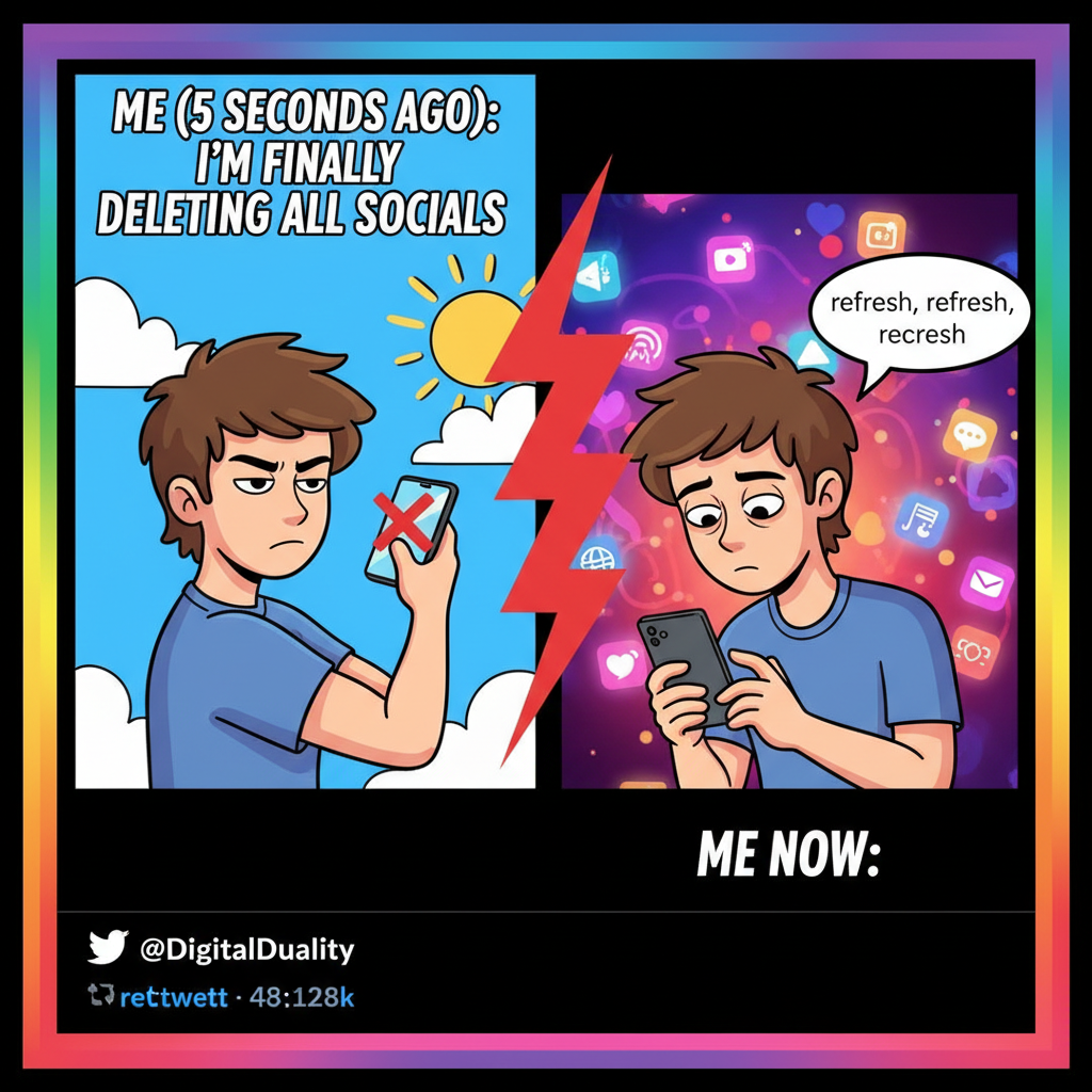 Me logging off social media vs. me logging right back on 5 seconds later.