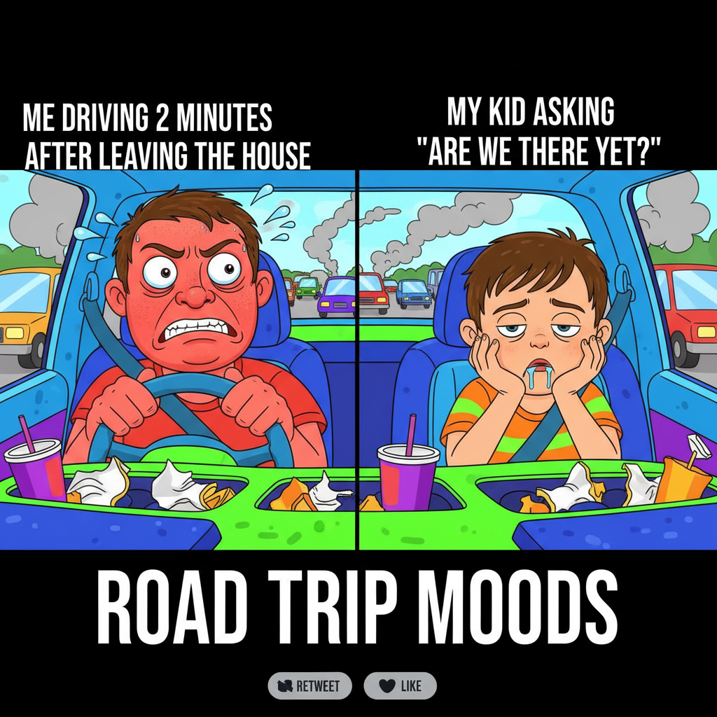 Road trip: 3 hours in. My co-pilot: 'Are we there yet?' Me: *contemplating life choices*