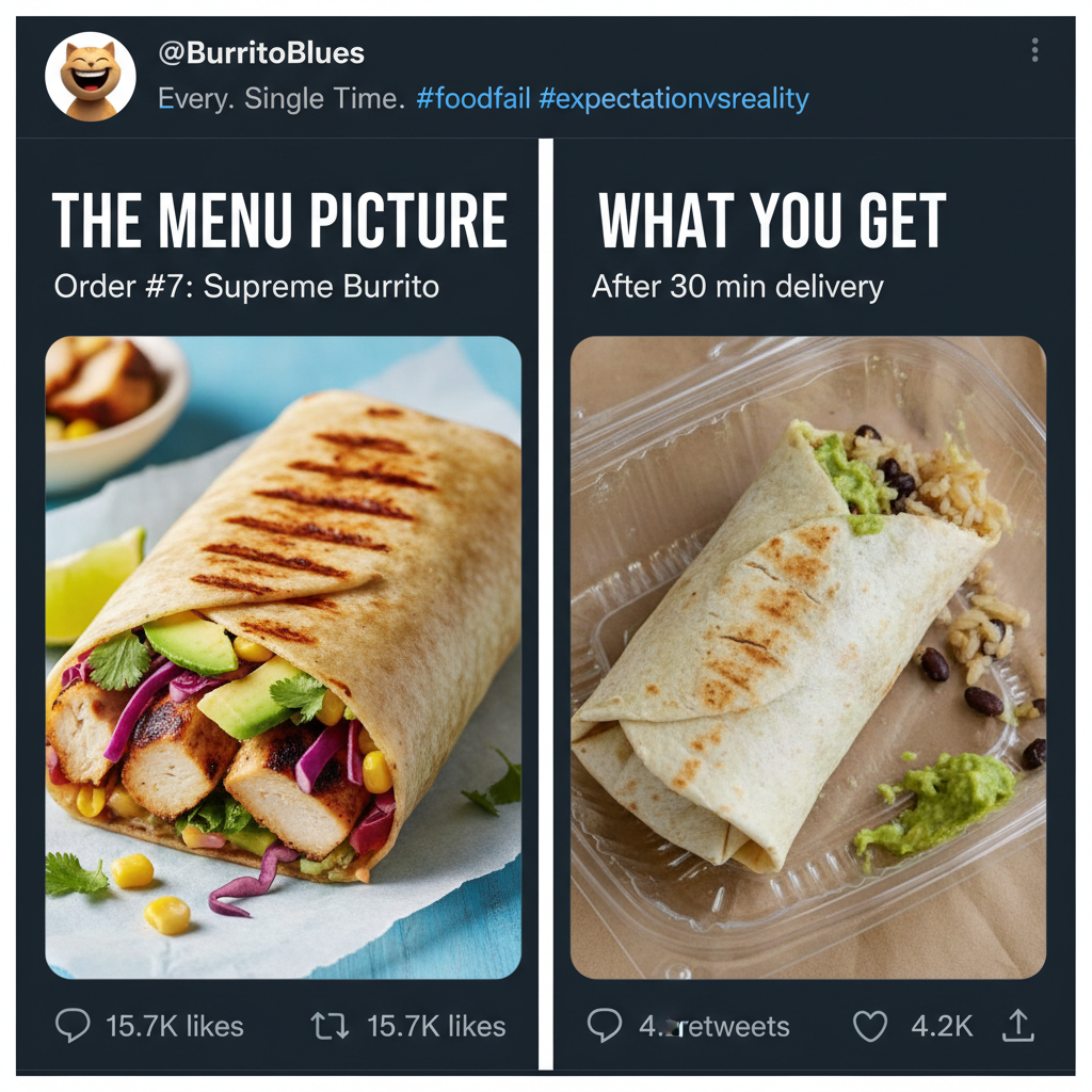 Food delivery expectations vs. the reality of my sad, squashed burrito.