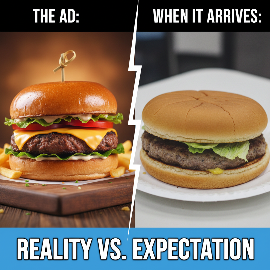 Ordered a gourmet burger, got two sad patties on a deflated bun. Expectations vs. Reality.