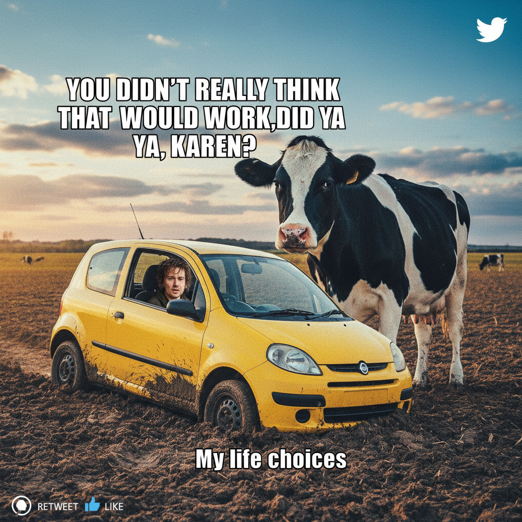 GPS said 'turn left.' I turned left. Now I'm in a field with a cow judging my life choices. Road trip vibes.