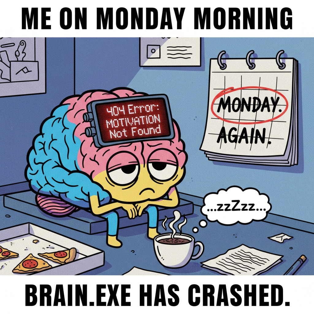 My brain on Monday mornings: 'Error 404: Motivation Not Found. Please try again Wednesday.'