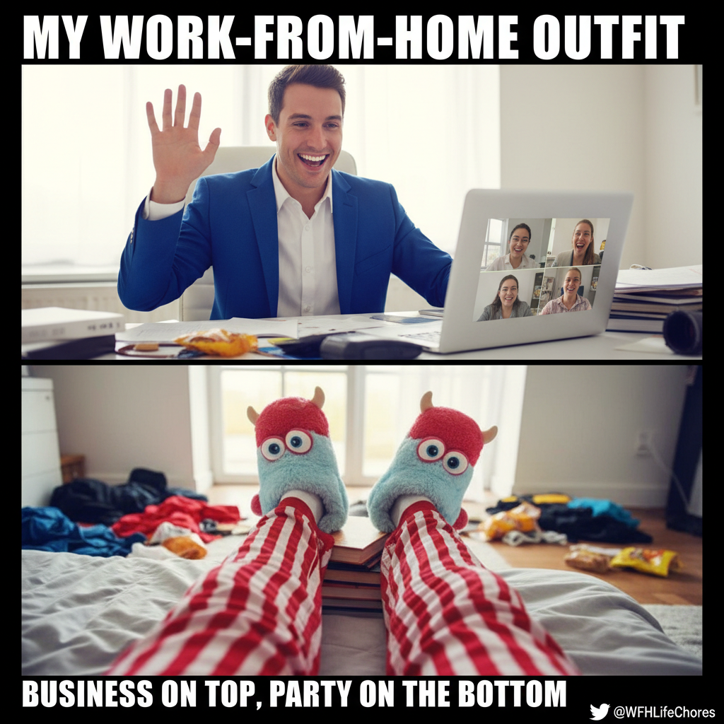 My 'professional' work from home outfit: blazer on top, pajama bottoms below. The secret is out.