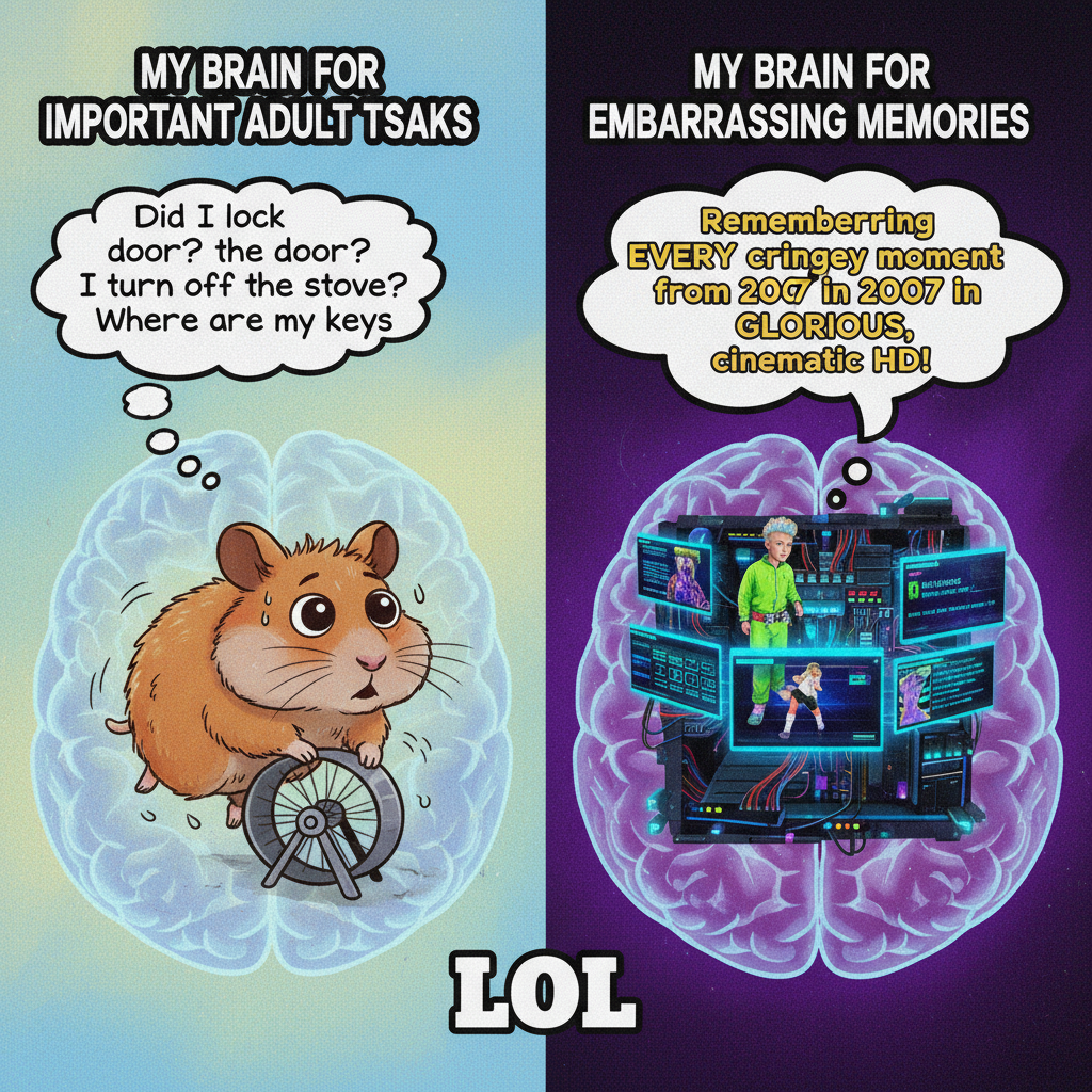 My brain at 3 AM trying to remember if I locked the door vs. remembering every cringe thing I did in 2007