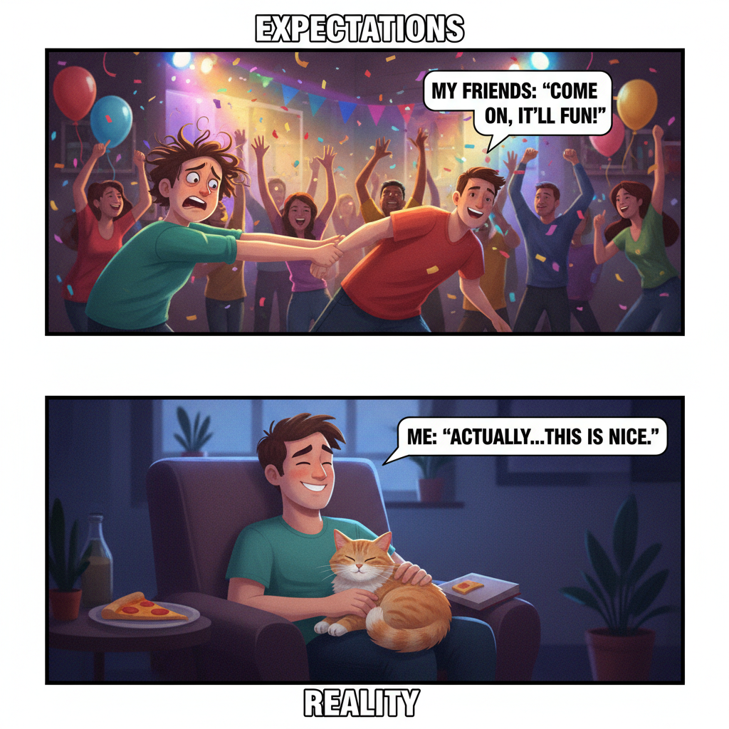 My extrovert friend dragging me to a party vs. me finding the host's cat.