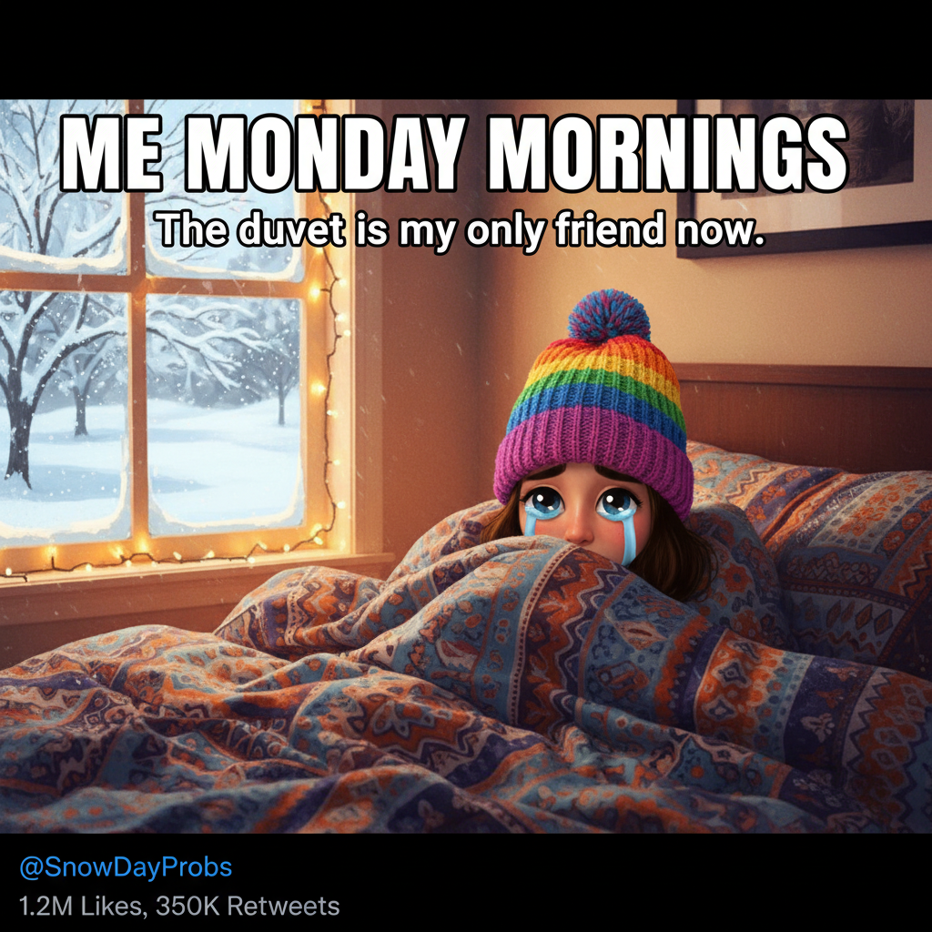 It's 3 PM, I'm still in bed, and my brain says 'winter wonderland' but my body says 'hibernation mode.'