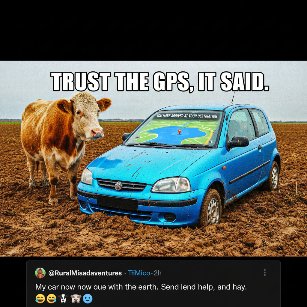 GPS said 'turn left in 500 feet.' I'm now in a field with a cow staring at me.