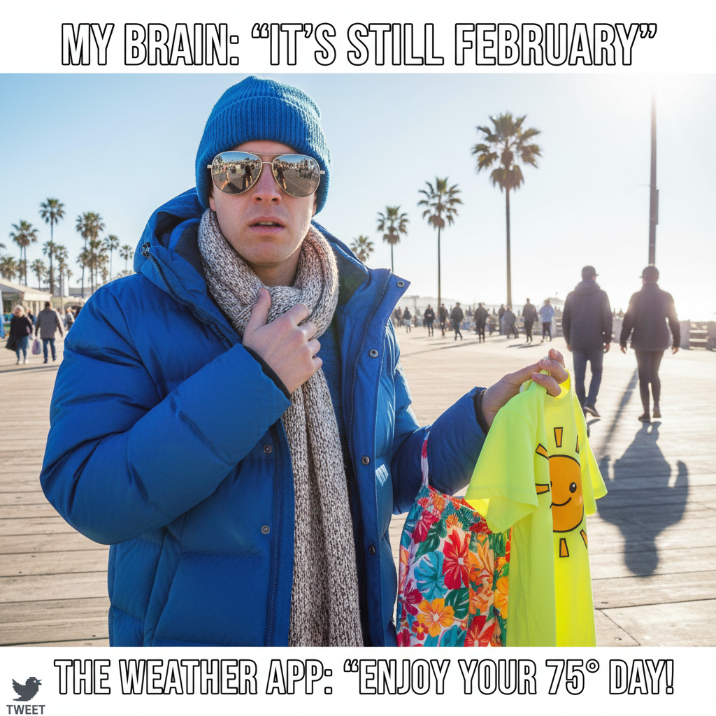 It's 70 degrees in February. My seasonal wardrobe is having an identity crisis.