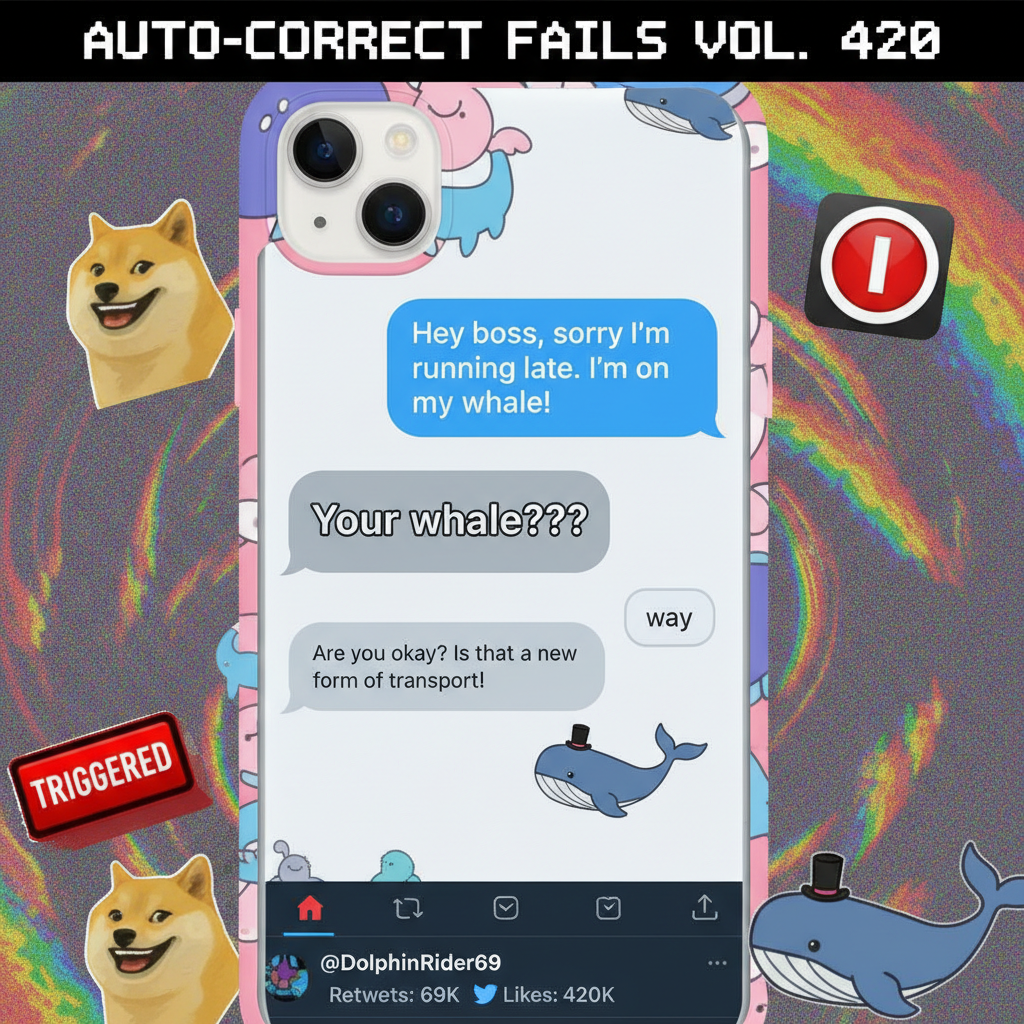 Autocorrect changed 'I'm on my way!' to 'I'm on my whale!' My boss is confused.