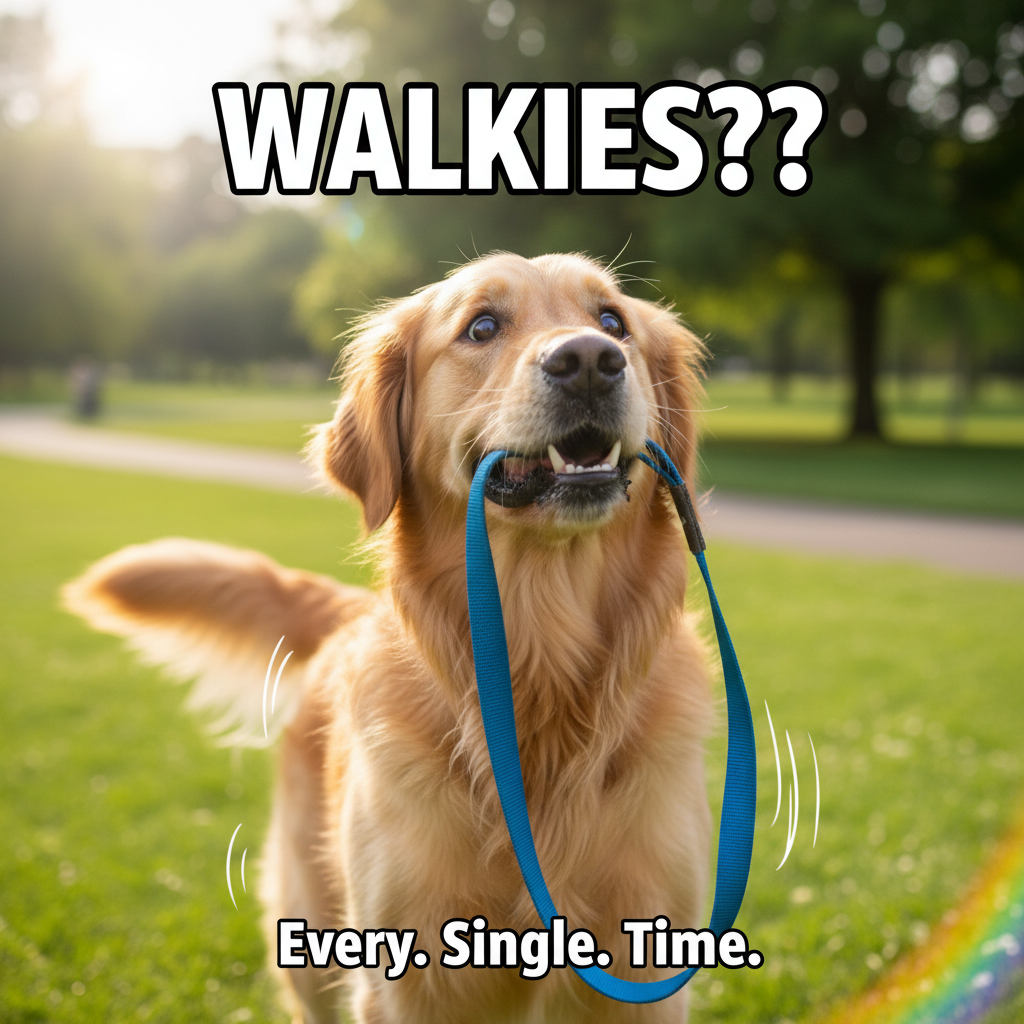 My dog thinks 'walkies' is a national holiday. I can't say no to that face.