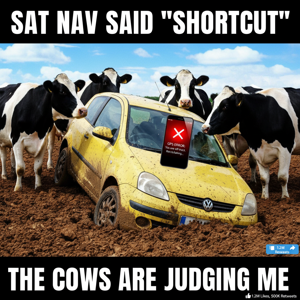 GPS said 'turn left in 50 feet.' We're now in a cow pasture. Thanks, Siri.