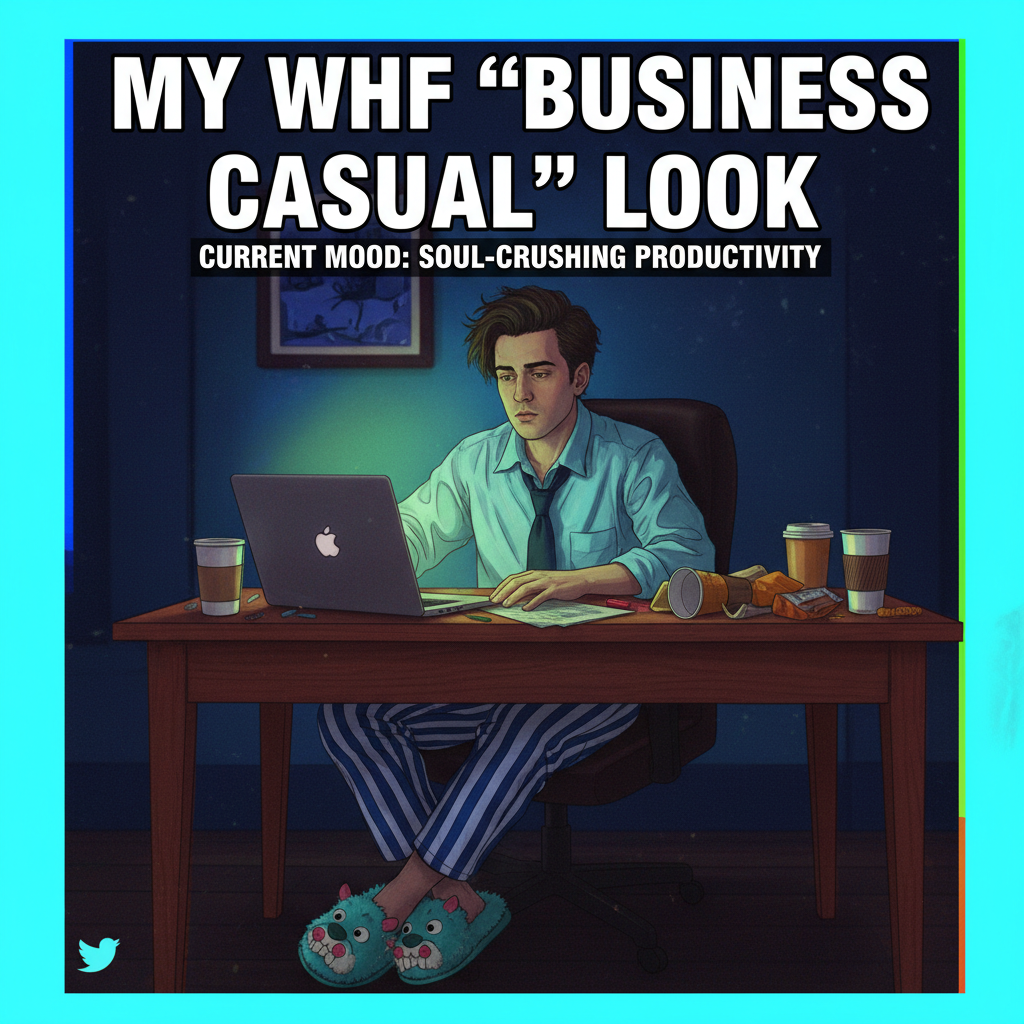 My WFH uniform is 50% pajamas, 50% existential dread. Productivity: 0%.