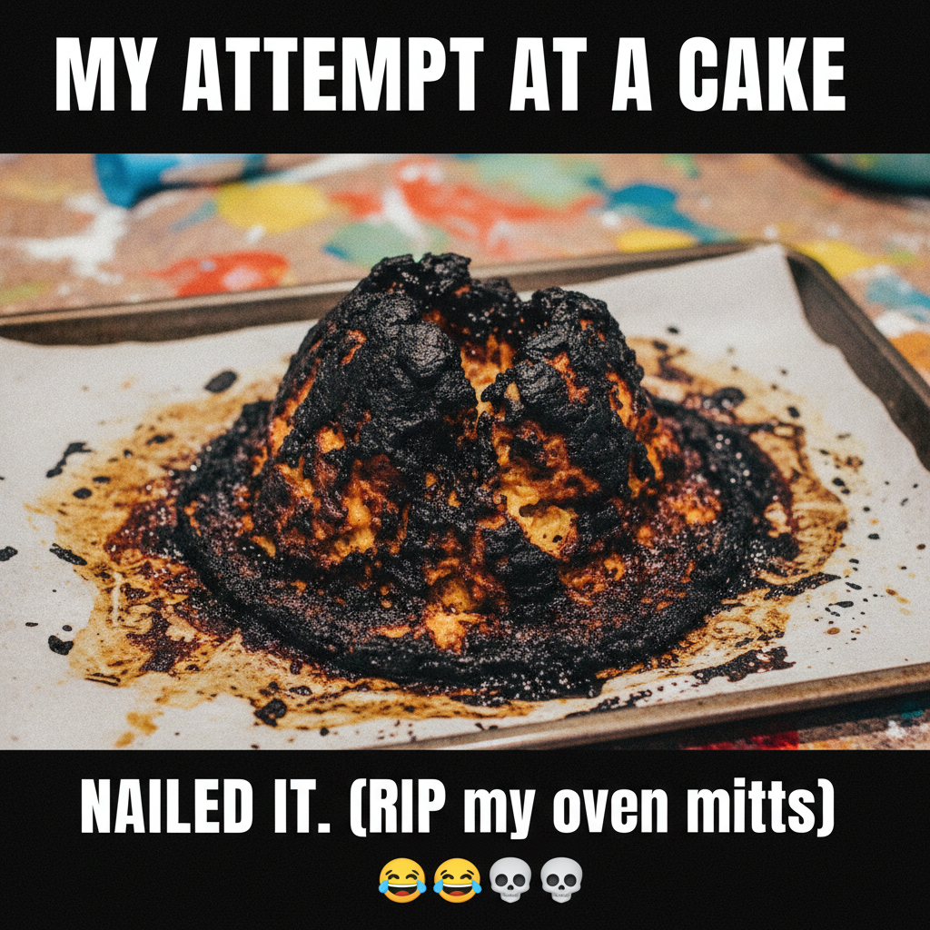 Tried to bake a cake. It looks like it survived an apocalypse. Send help (and pizza).