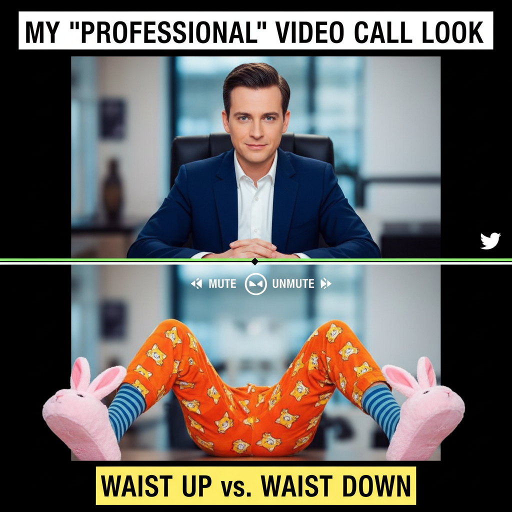 My WFH uniform: Business on top, pajama pants on the bottom. The ultimate power move.