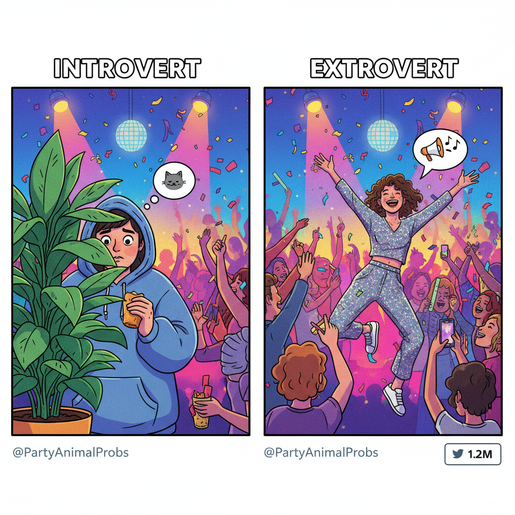 Introvert at a party vs. Extrovert at a party. Two different dimensions.