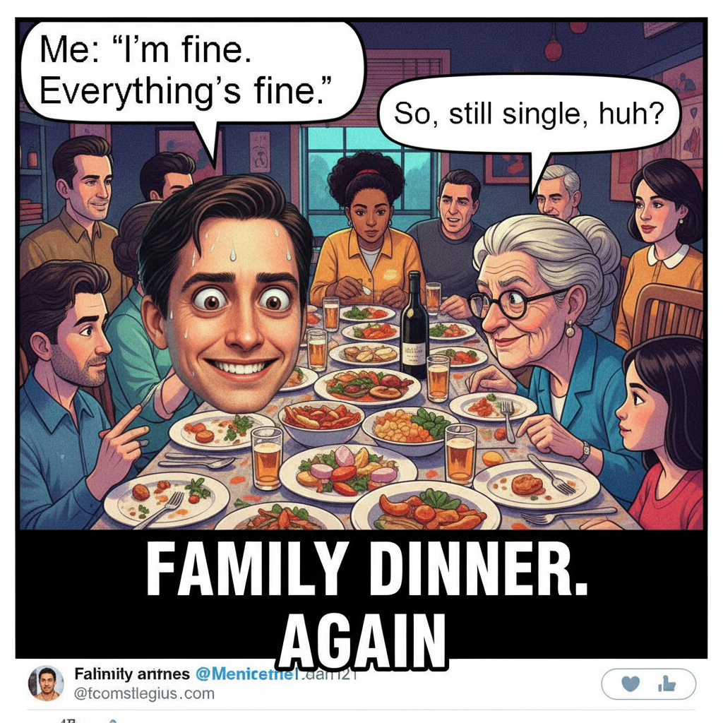 Holiday dinner: 'So, are you dating anyone?' Me: *chokes on cranberry sauce* 'I'm good!'